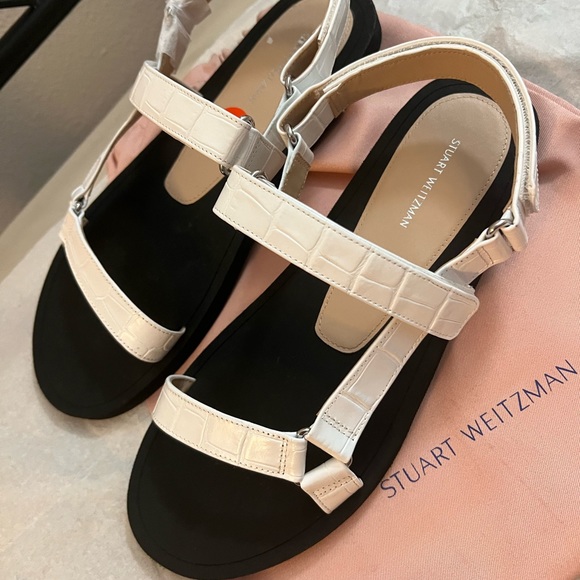 NEW Stuart Weitzman white and black leather croc sandals - Picture 3 of 12